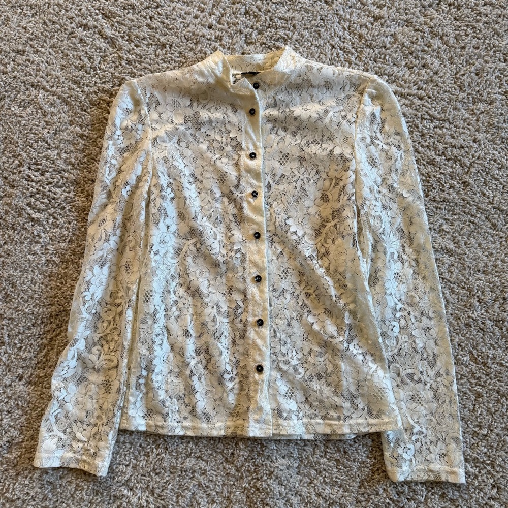 Lira Women’s Cream Elegant Lace Sheer Button-Up Blouse S